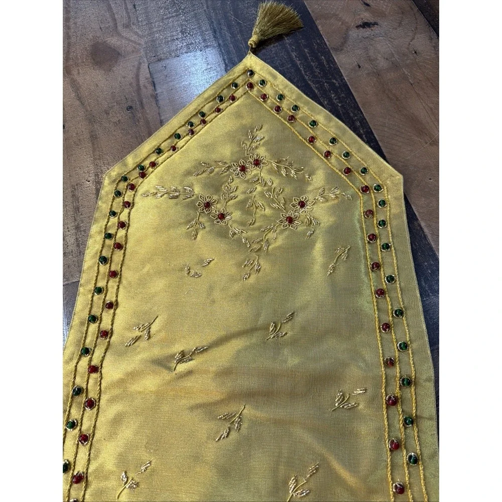 Vintage Gold Table Runner Hand Embroidered Red Green Beads Christmas Party 69